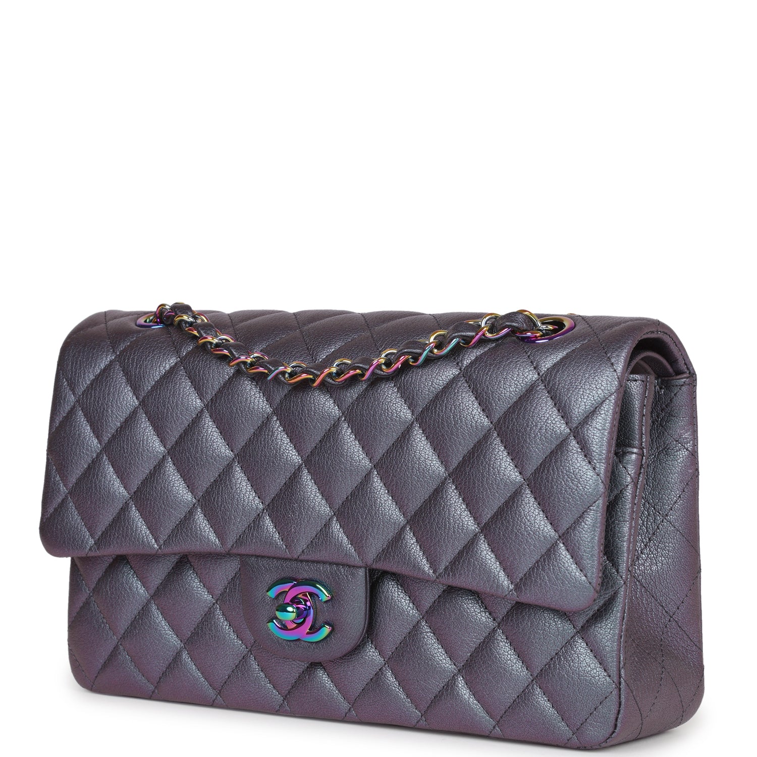 Pre-owned Chanel Medium Classic Double Flap Bag Iridescent Purple Mermaid Goatskin Rainbow Hardware