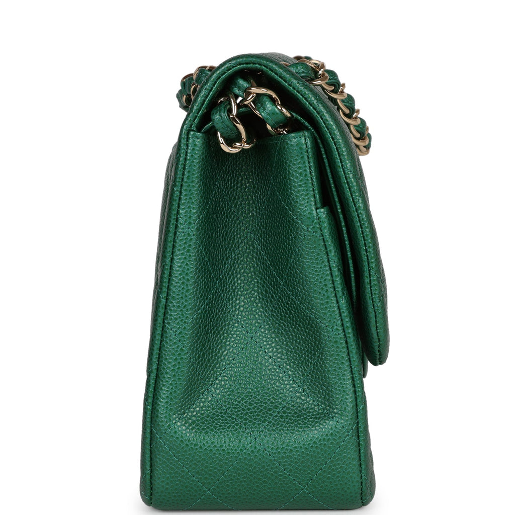 Pre-owned Chanel Jumbo Classic Double Flap Bag Emerald Green Caviar Light Gold Hardware