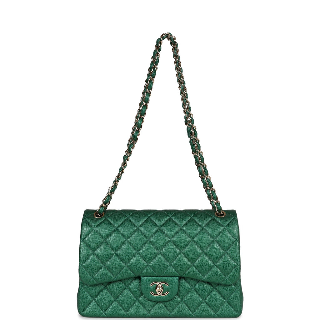 Pre-owned Chanel Jumbo Classic Double Flap Bag Emerald Green Caviar Light Gold Hardware