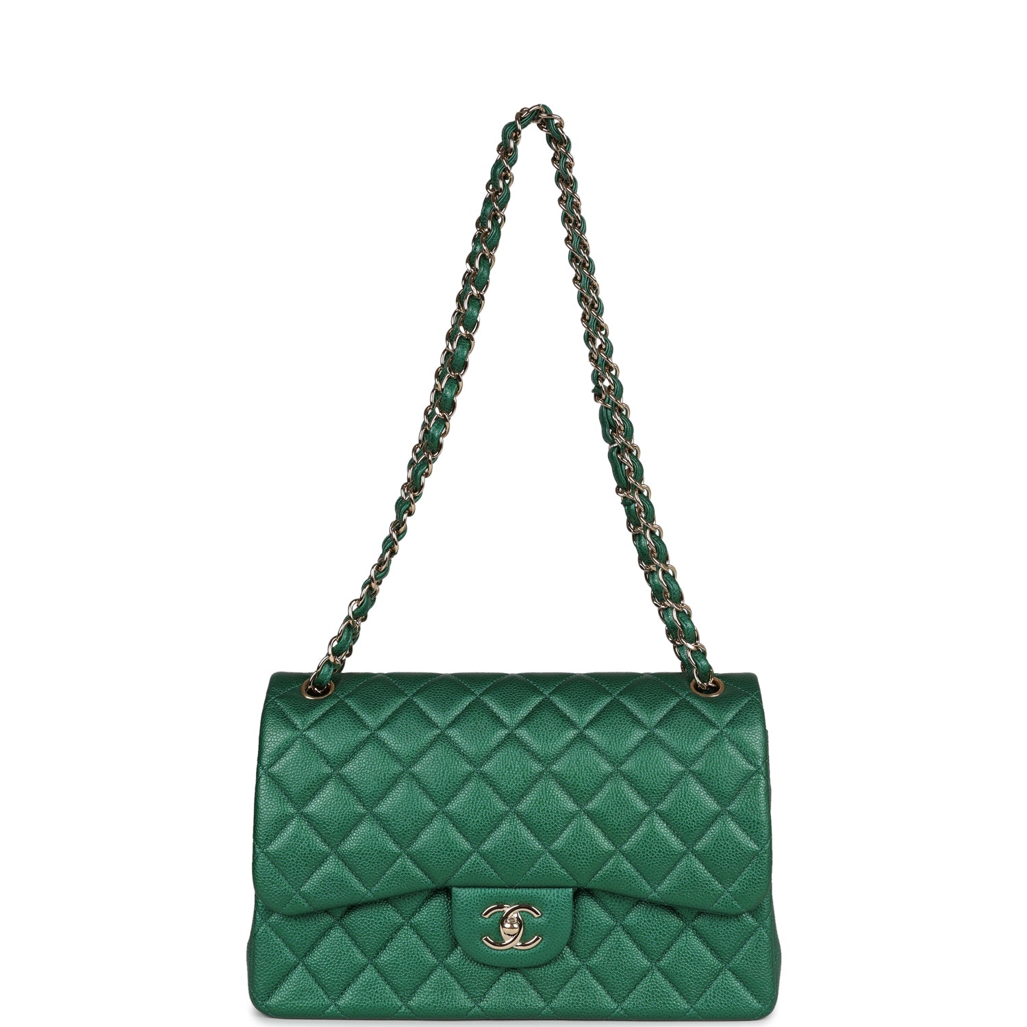 Pre-owned Chanel Jumbo Classic Double Flap Bag Emerald Green Caviar Light Gold Hardware