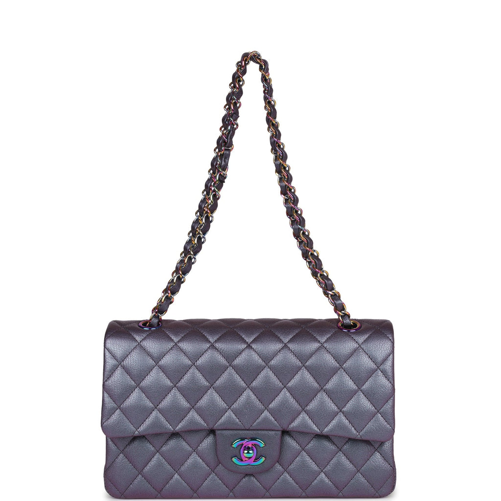 Pre-owned Chanel Medium Classic Double Flap Bag Iridescent Purple Mermaid Goatskin Rainbow Hardware