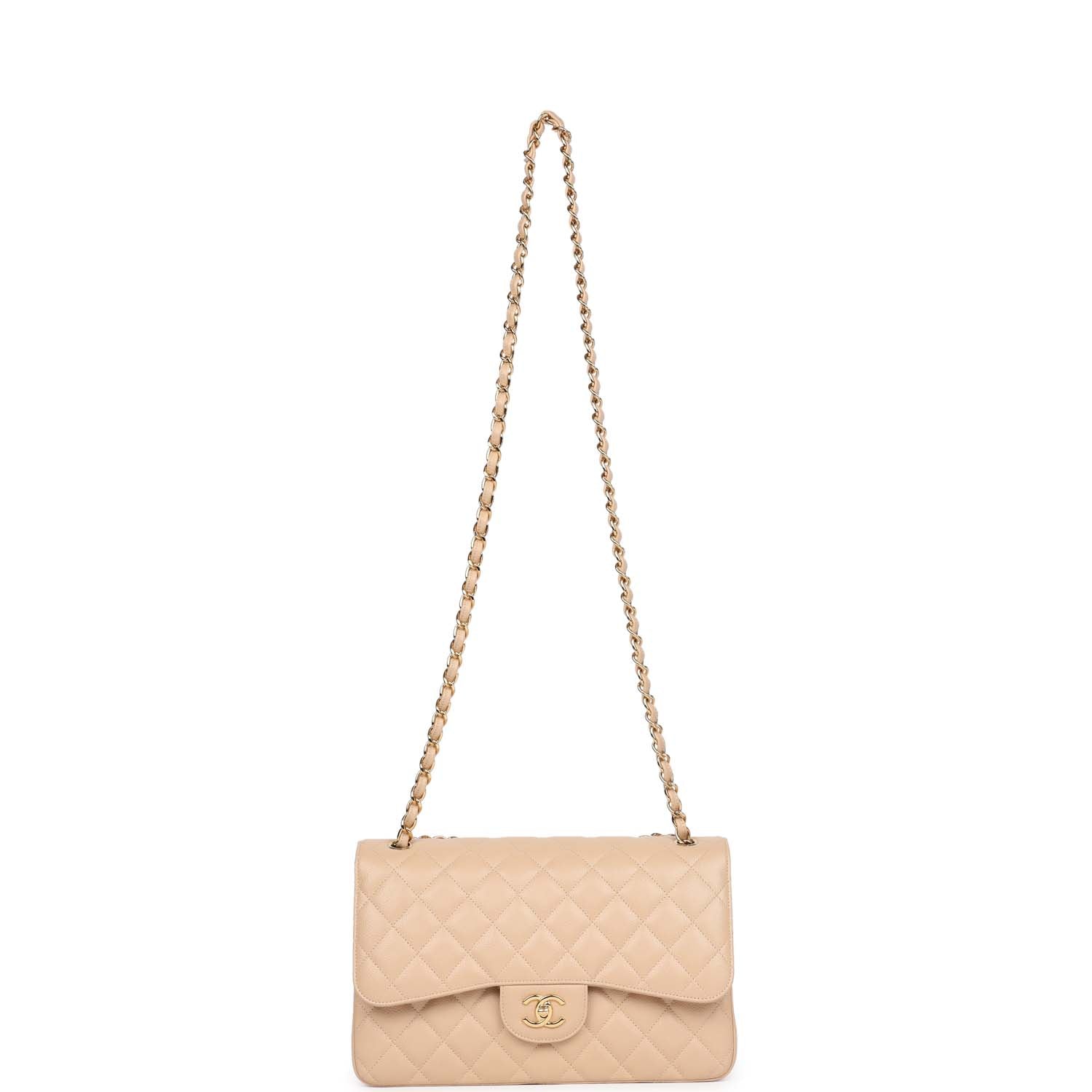 Pre-owned Chanel Jumbo Classic Double Flap Bag Light Beige Caviar Gold Hardware