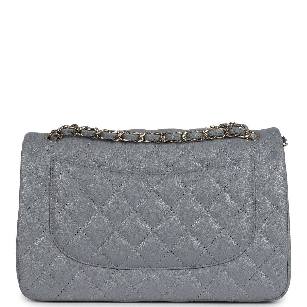 Chanel Jumbo Classic Double Flap Bag Light Grey Shiny Caviar Light Gold Hardware