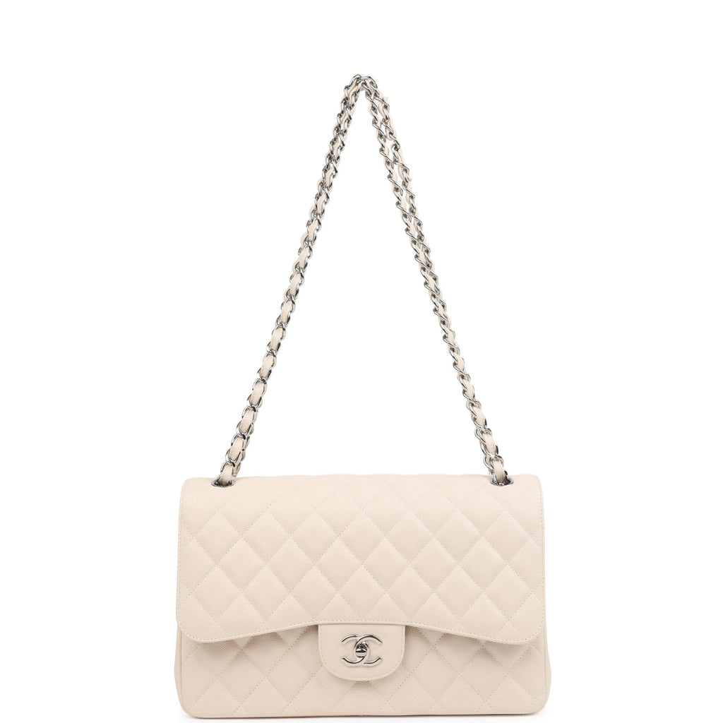 Pre-owned Chanel Jumbo Classic Double Flap Bag Light Beige Caviar Silver Hardware