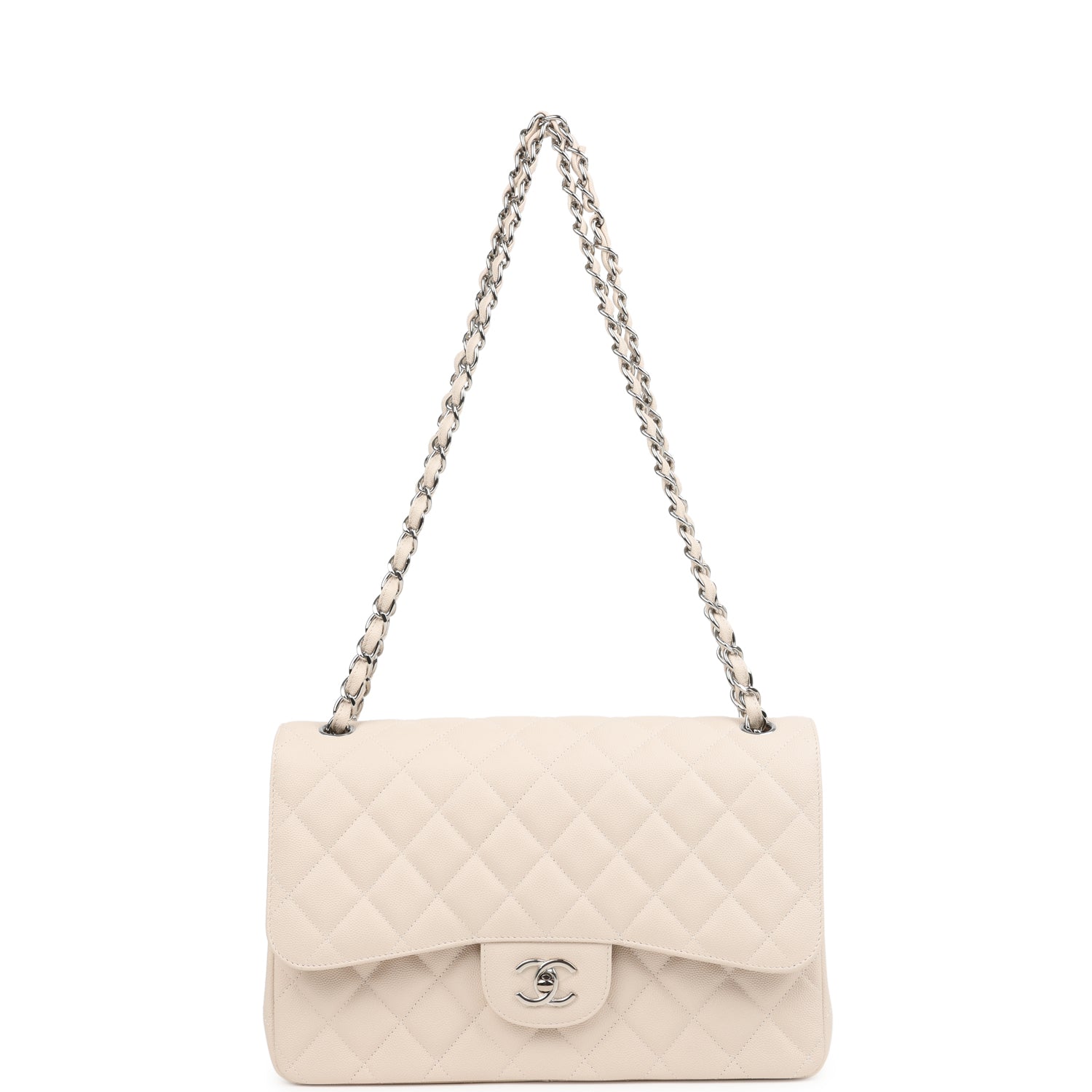 Pre-owned Chanel Jumbo Classic Double Flap Bag Light Beige Caviar Silver Hardware