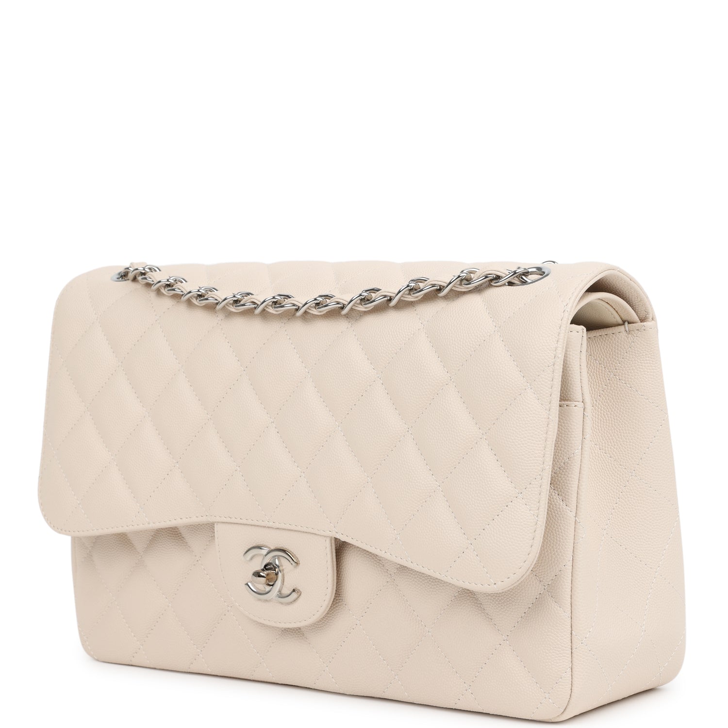 Pre-owned Chanel Jumbo Classic Double Flap Bag Light Beige Caviar Silver Hardware