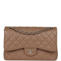 Pre-owned Chanel Jumbo Classic Double Flap Bag Dark Beige Caviar Silver Hardware