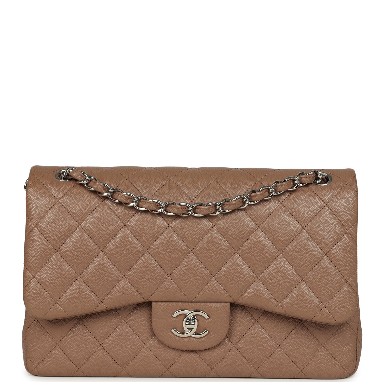 Pre-owned Chanel Jumbo Classic Double Flap Bag Dark Beige Caviar Silver Hardware