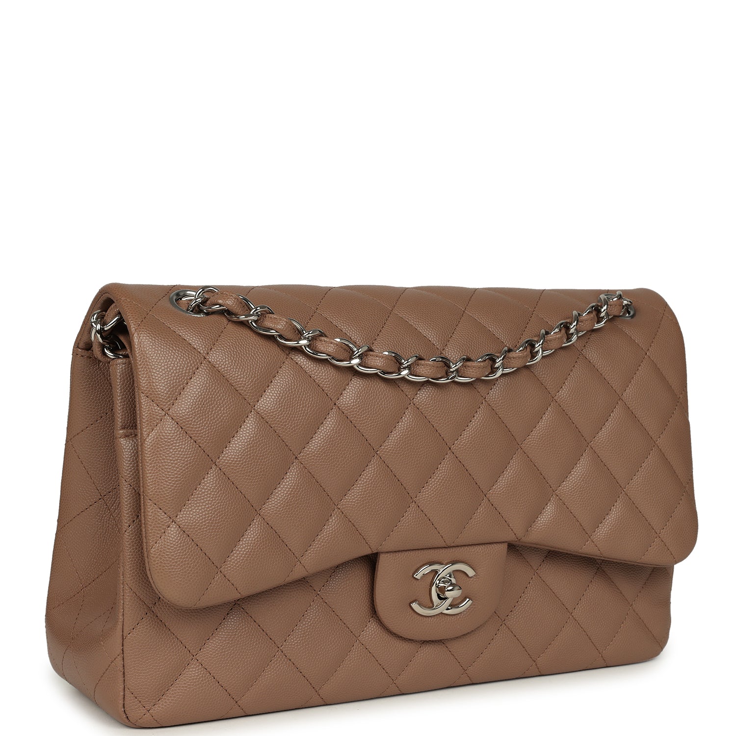 Pre-owned Chanel Jumbo Classic Double Flap Bag Dark Beige Caviar Silver Hardware