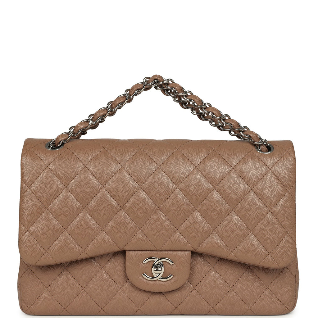 Pre-owned Chanel Jumbo Classic Double Flap Bag Dark Beige Caviar Silver Hardware