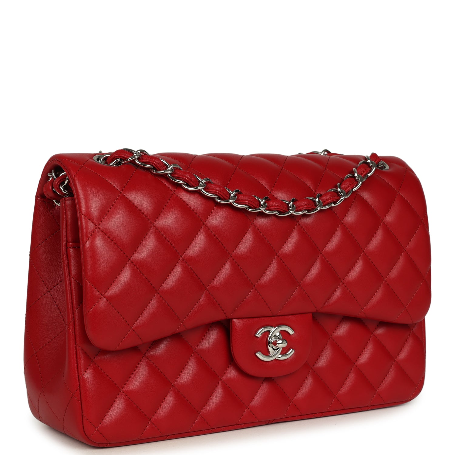 Chanel Jumbo Classic Double Flap Bag Red Lambskin Silver Hardware