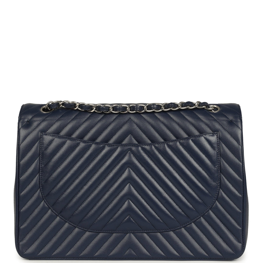 Chanel Maxi Classic Chevron Double Flap Bag Dark Blue Caviar Silver Hardware