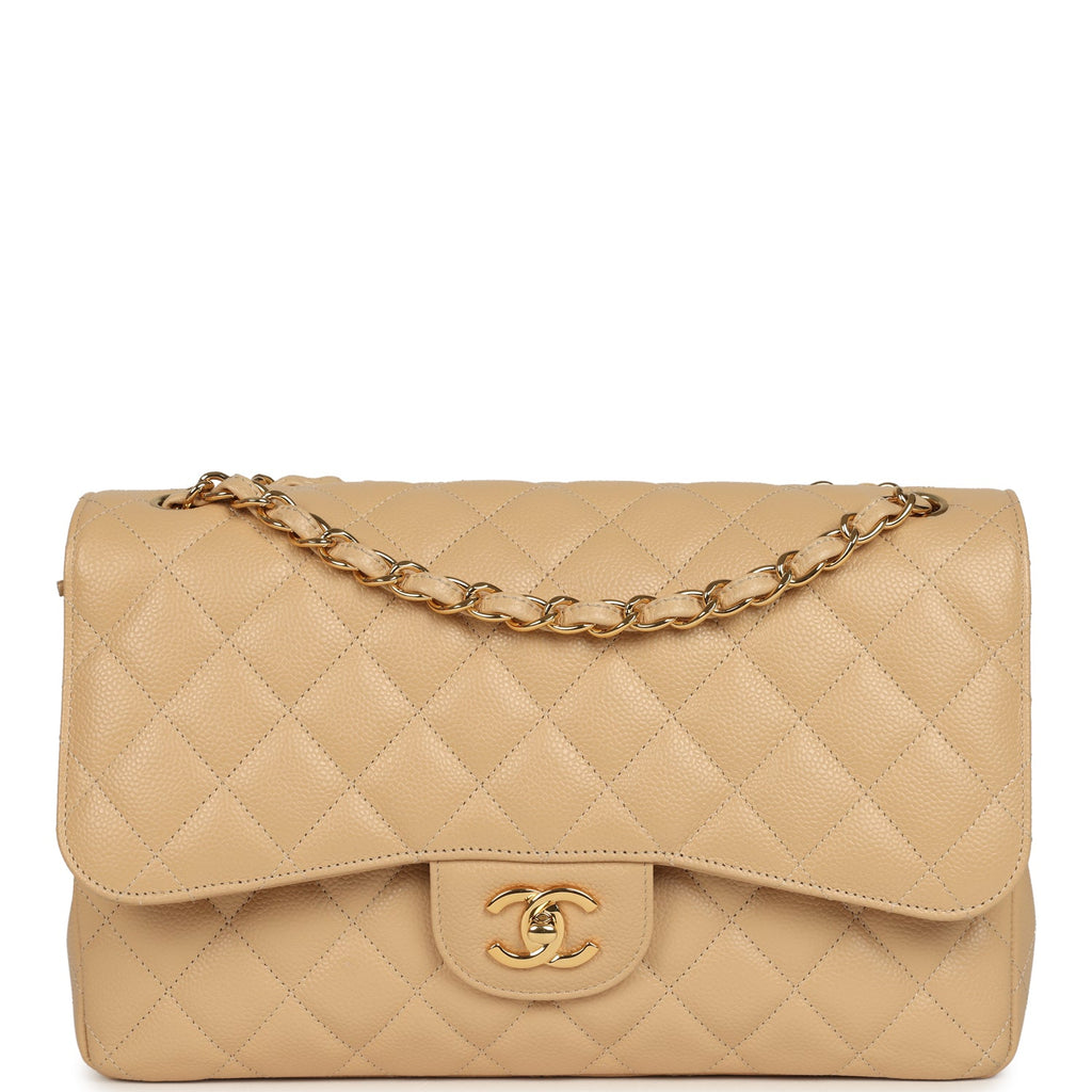 Pre-owned Chanel Jumbo Classic Double Flap Bag Light Beige Caviar Gold Hardware