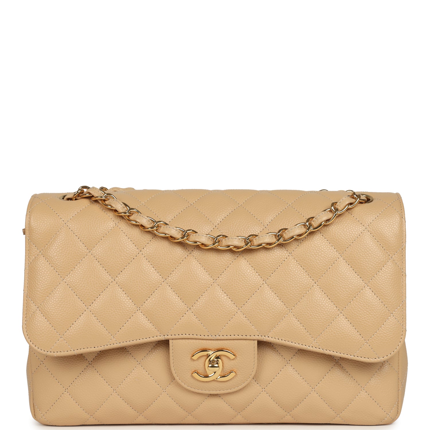 Pre-owned Chanel Jumbo Classic Double Flap Bag Light Beige Caviar Gold Hardware