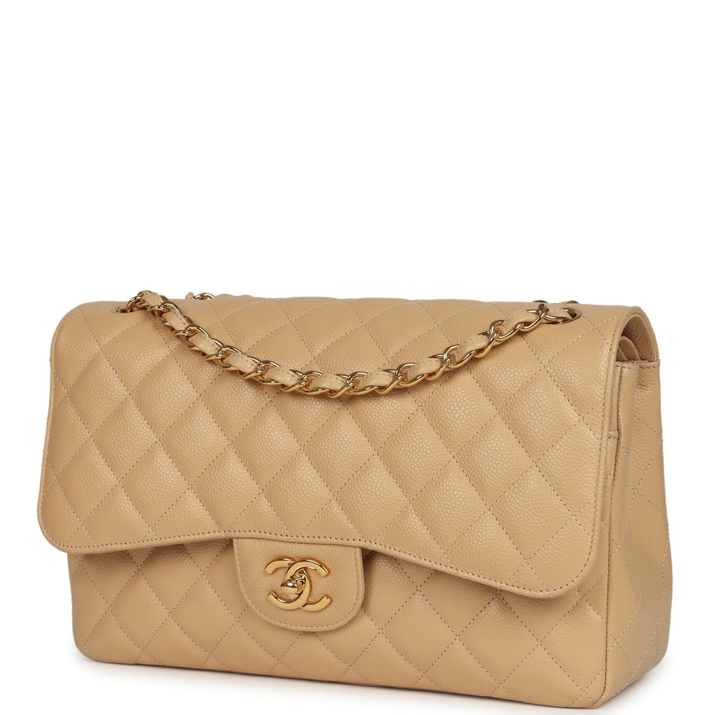 Pre-owned Chanel Jumbo Classic Double Flap Bag Light Beige Caviar Gold Hardware