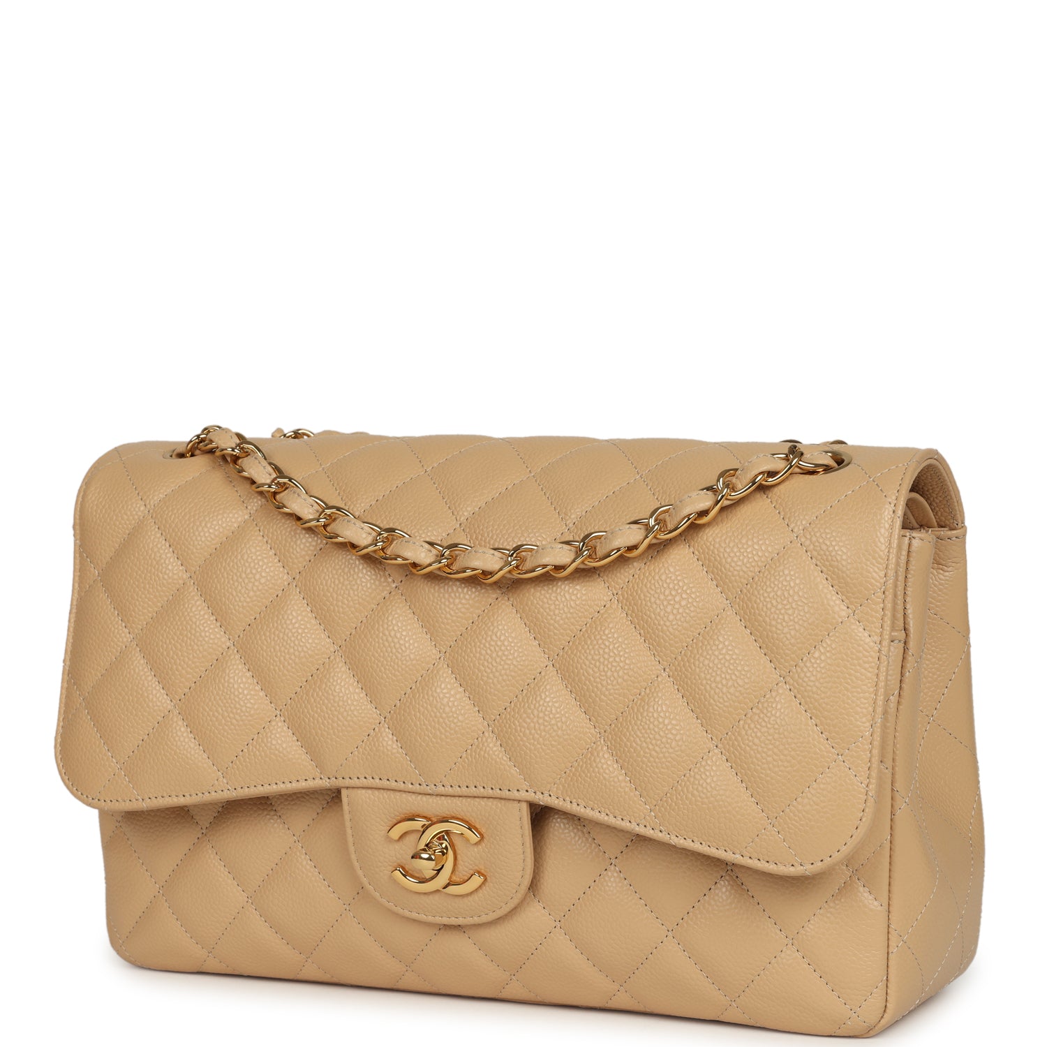 Pre-owned Chanel Jumbo Classic Double Flap Bag Light Beige Caviar Gold Hardware