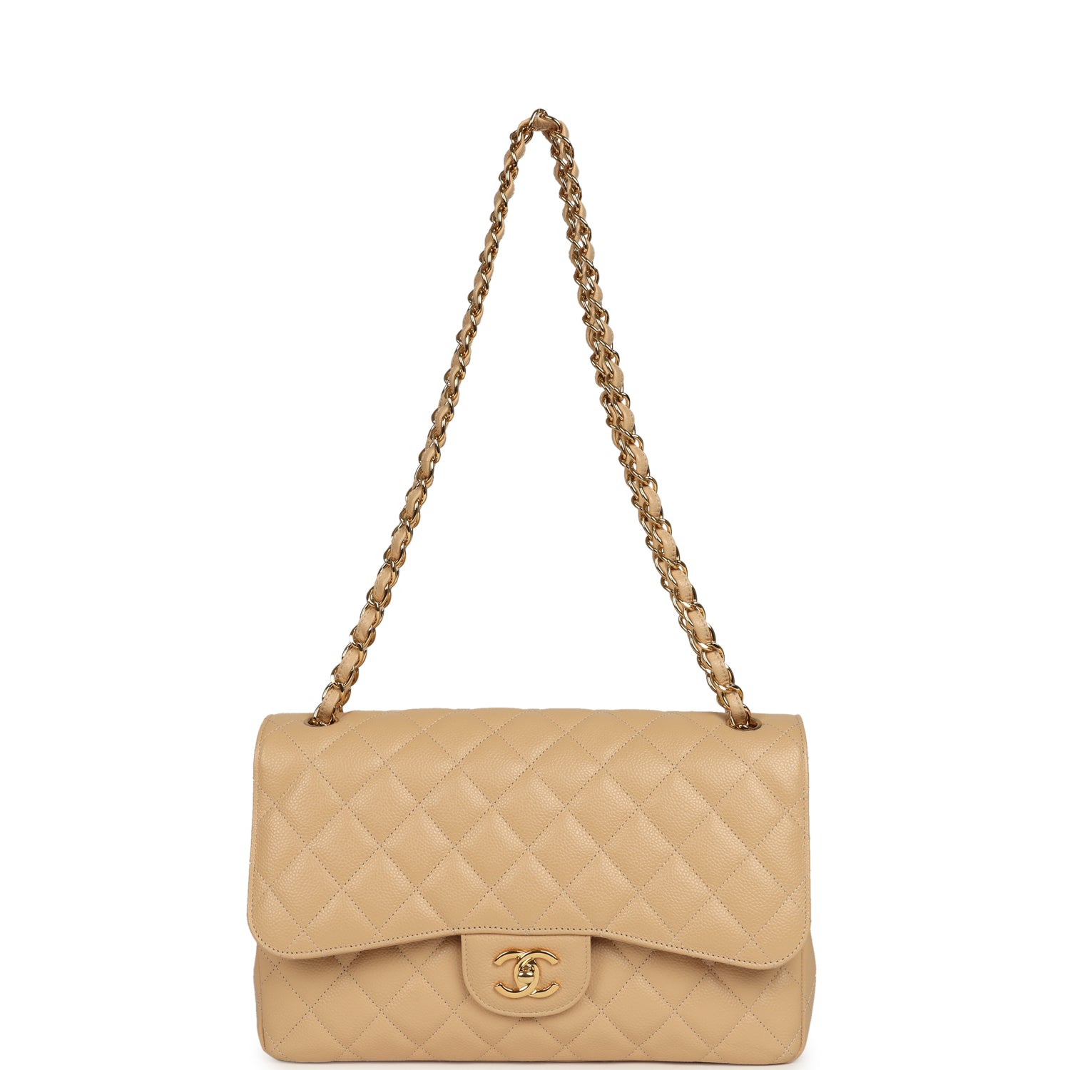 Pre-owned Chanel Jumbo Classic Double Flap Bag Light Beige Caviar Gold Hardware