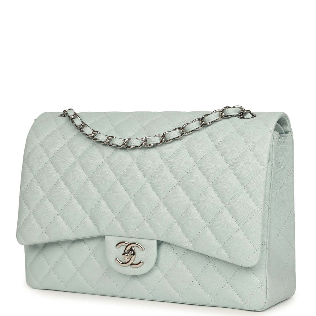 Chanel Maxi Classic Double Flap Bag Light Blue Shiny Caviar Silver Hardware