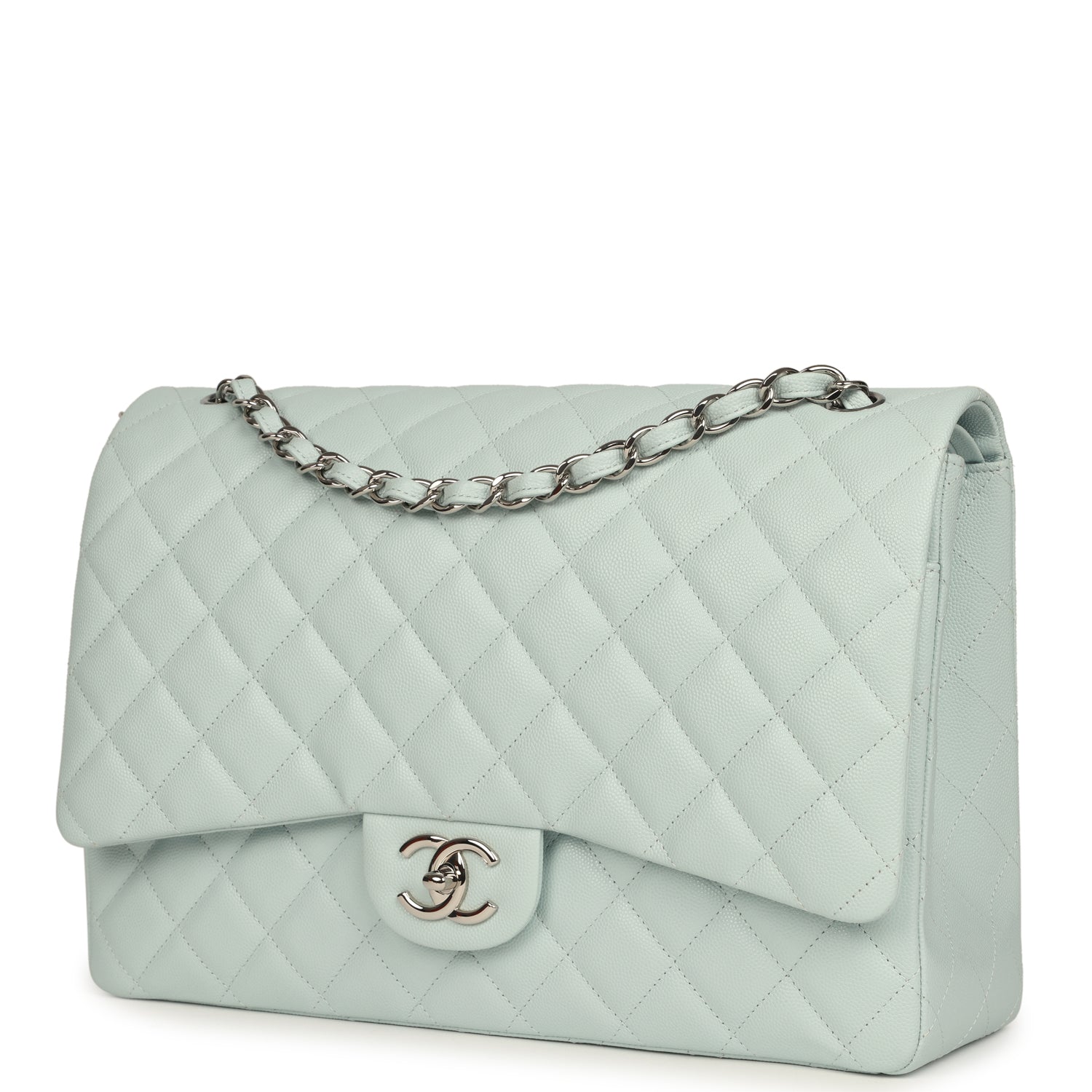 Chanel Maxi Classic Double Flap Bag Light Blue Shiny Caviar Silver Hardware