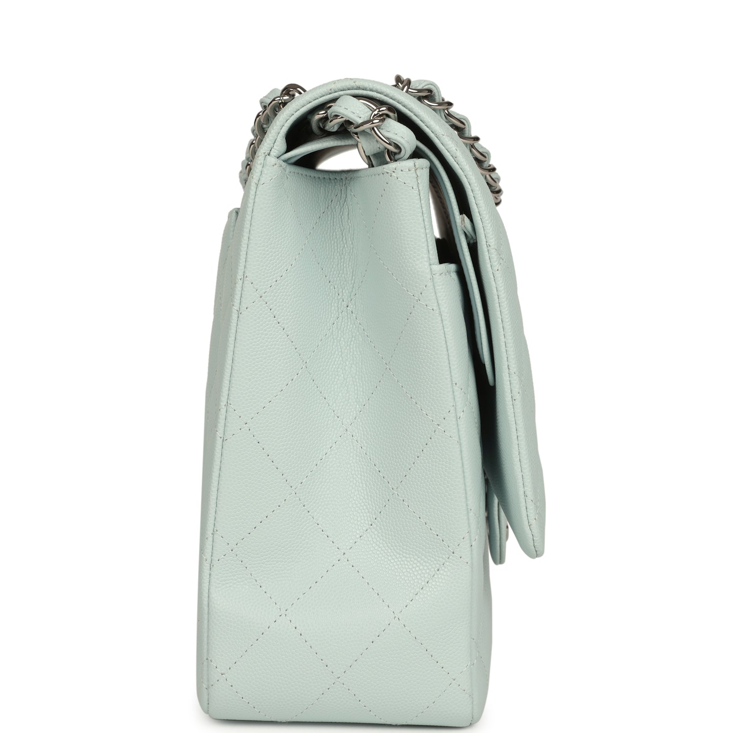 Chanel Maxi Classic Double Flap Bag Light Blue Shiny Caviar Silver Hardware