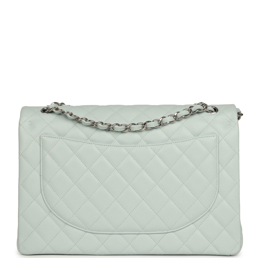 Chanel Maxi Classic Double Flap Bag Light Blue Shiny Caviar Silver Hardware