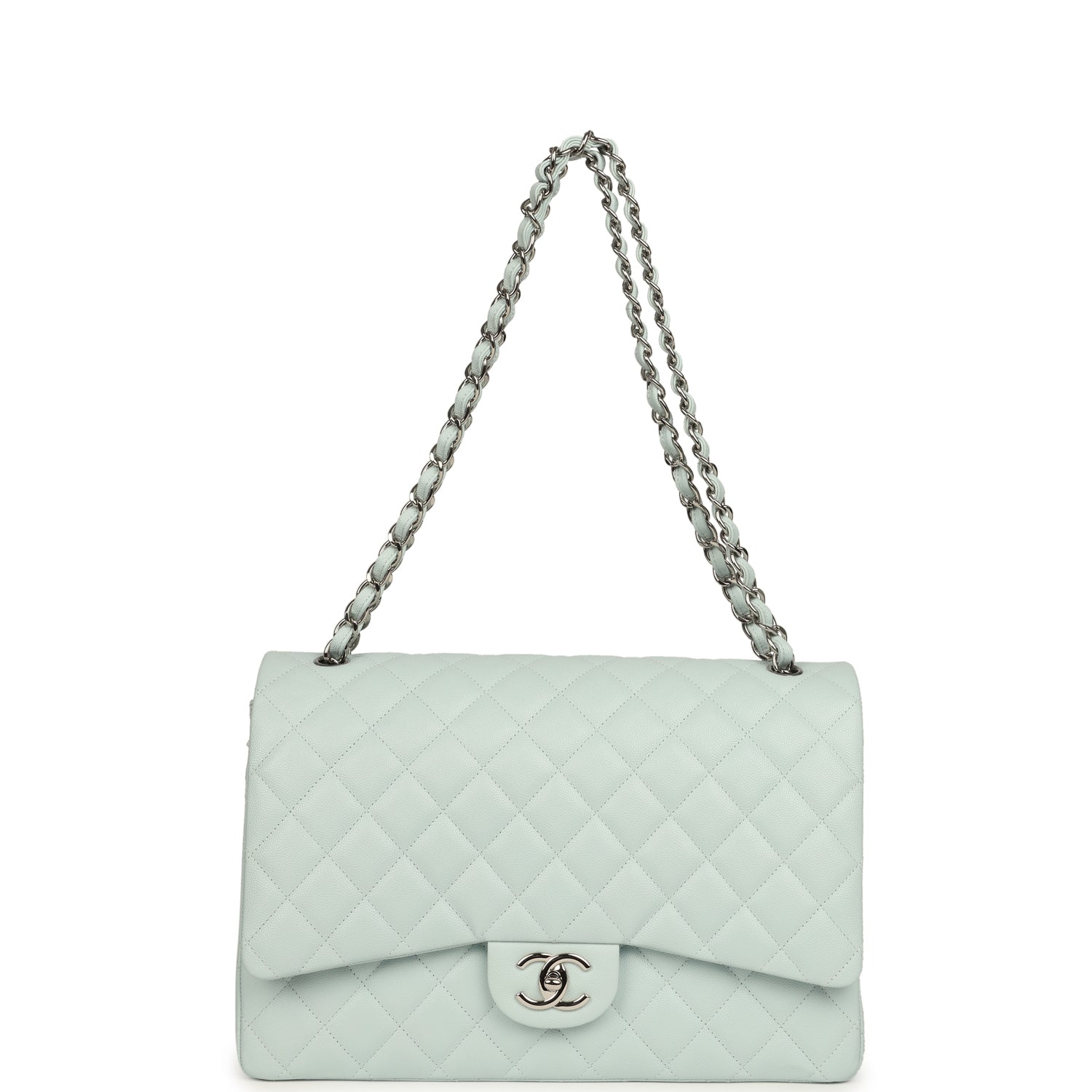 Chanel Maxi Classic Double Flap Bag Light Blue Shiny Caviar Silver Hardware