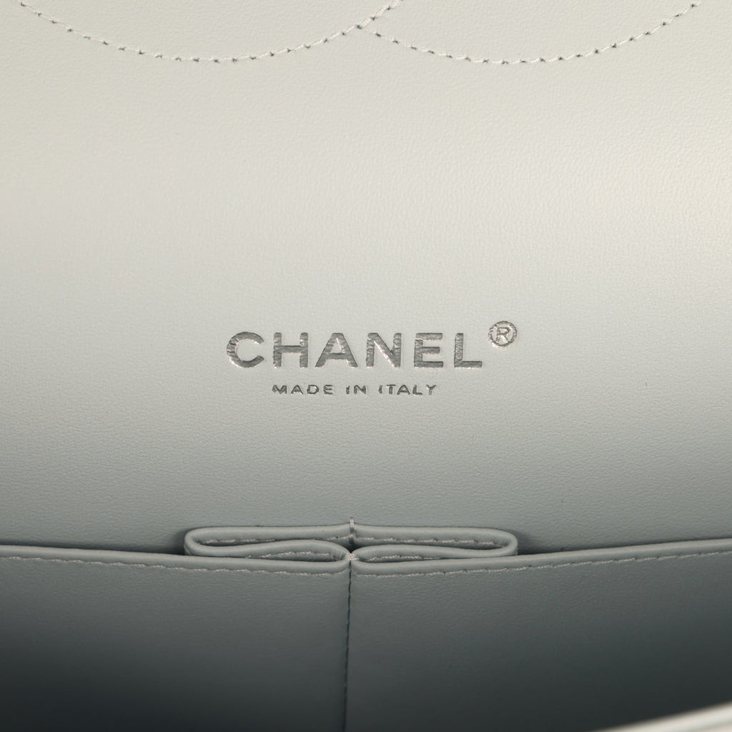 Chanel Maxi Classic Double Flap Bag Light Blue Shiny Caviar Silver Hardware
