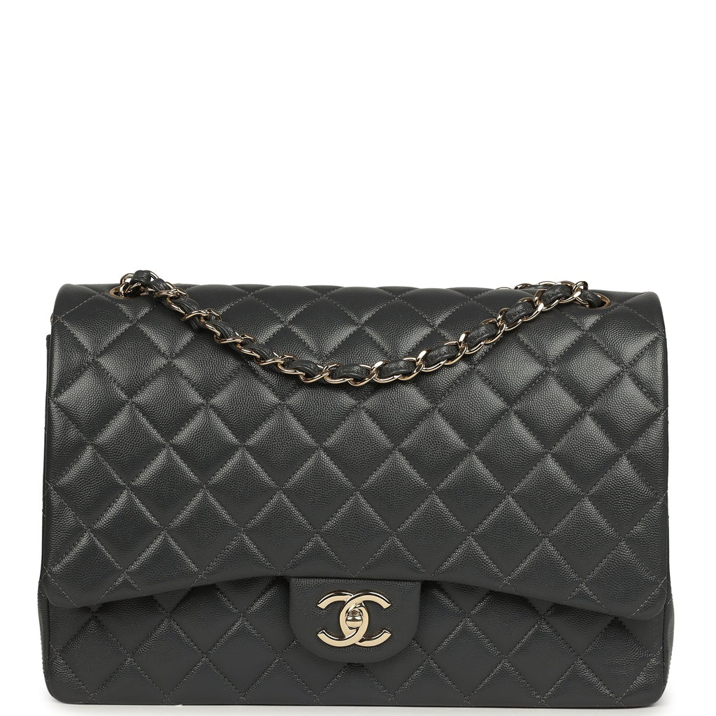 Chanel Maxi Classic Double Flap Bag Dark Grey Shiny Caviar Light Gold Hardware