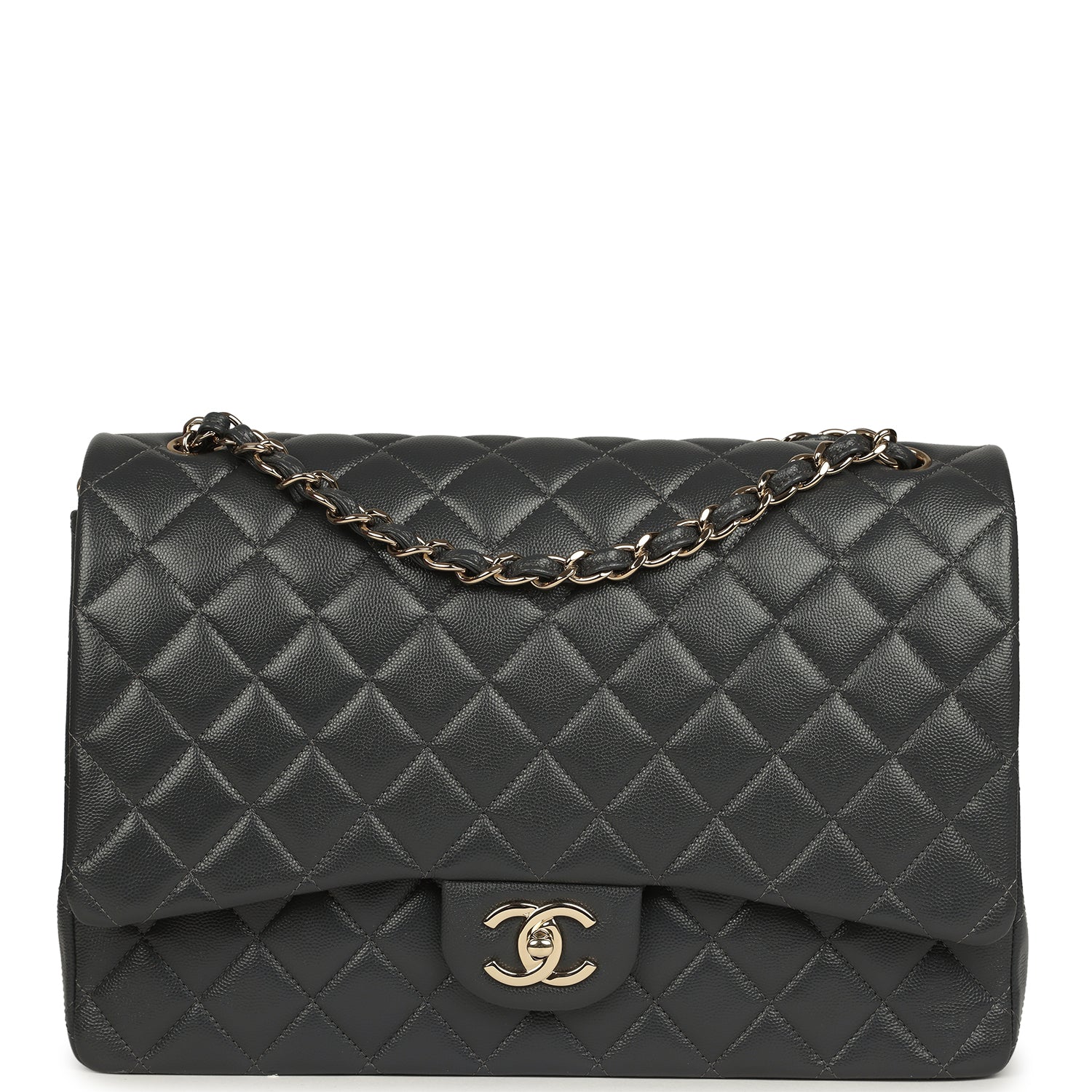 Chanel Maxi Classic Double Flap Bag Dark Grey Shiny Caviar Light Gold Hardware