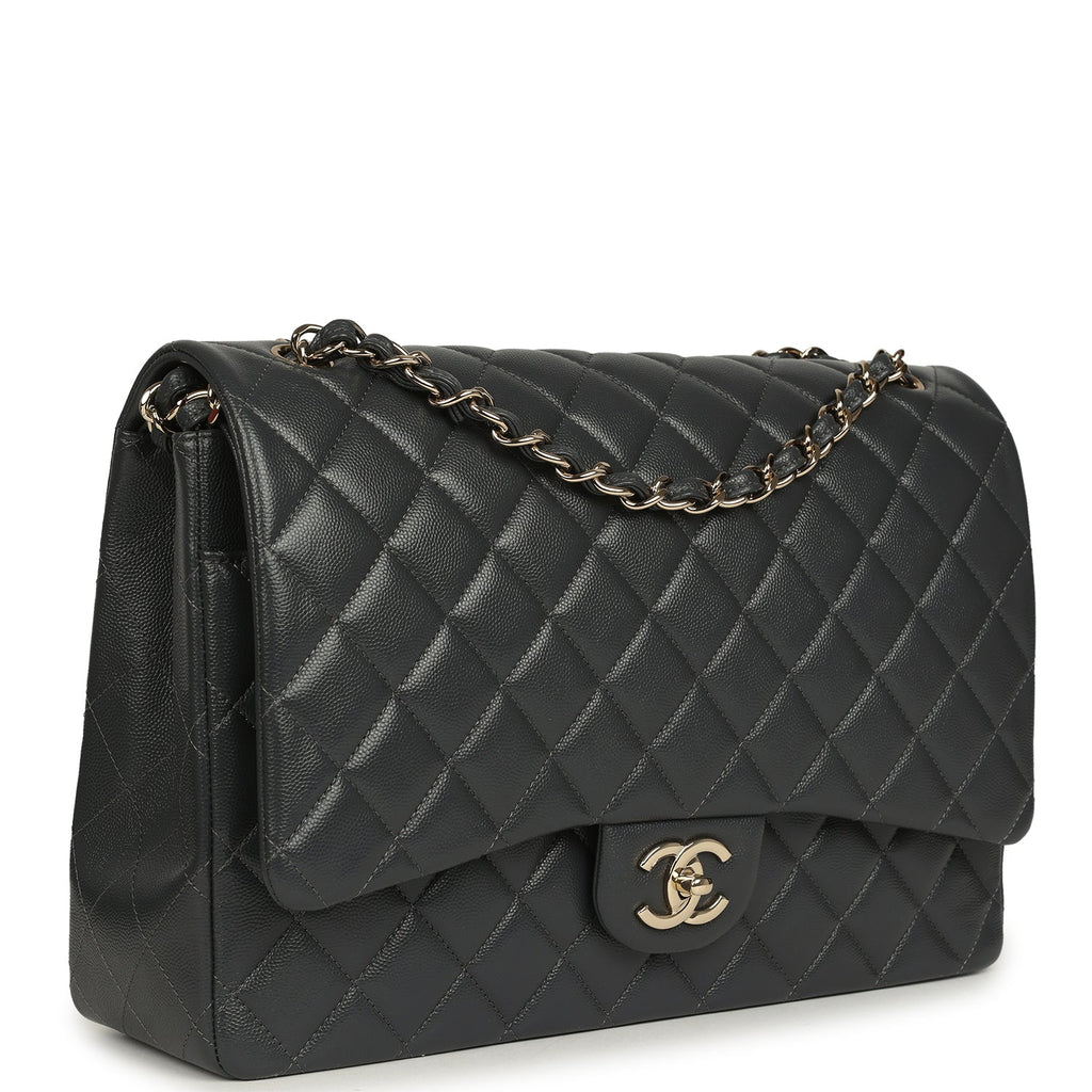 Chanel Maxi Classic Double Flap Bag Dark Grey Shiny Caviar Light Gold Hardware