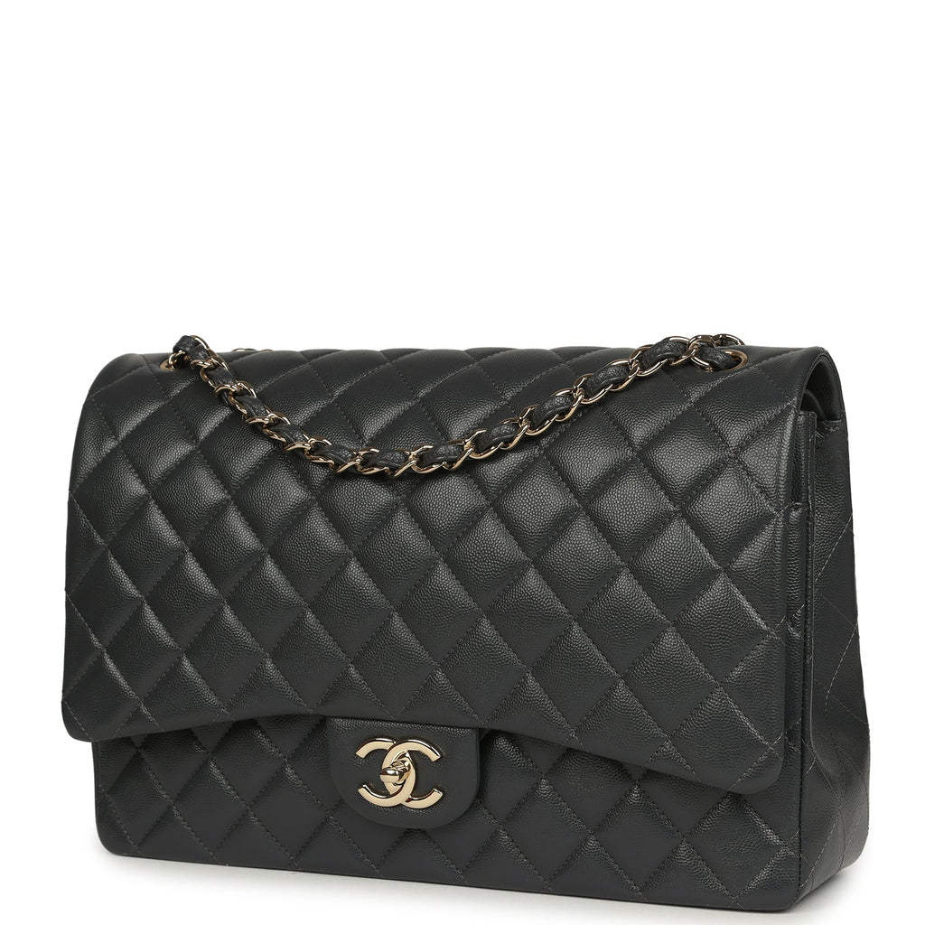 Chanel Maxi Classic Double Flap Bag Dark Grey Shiny Caviar Light Gold Hardware