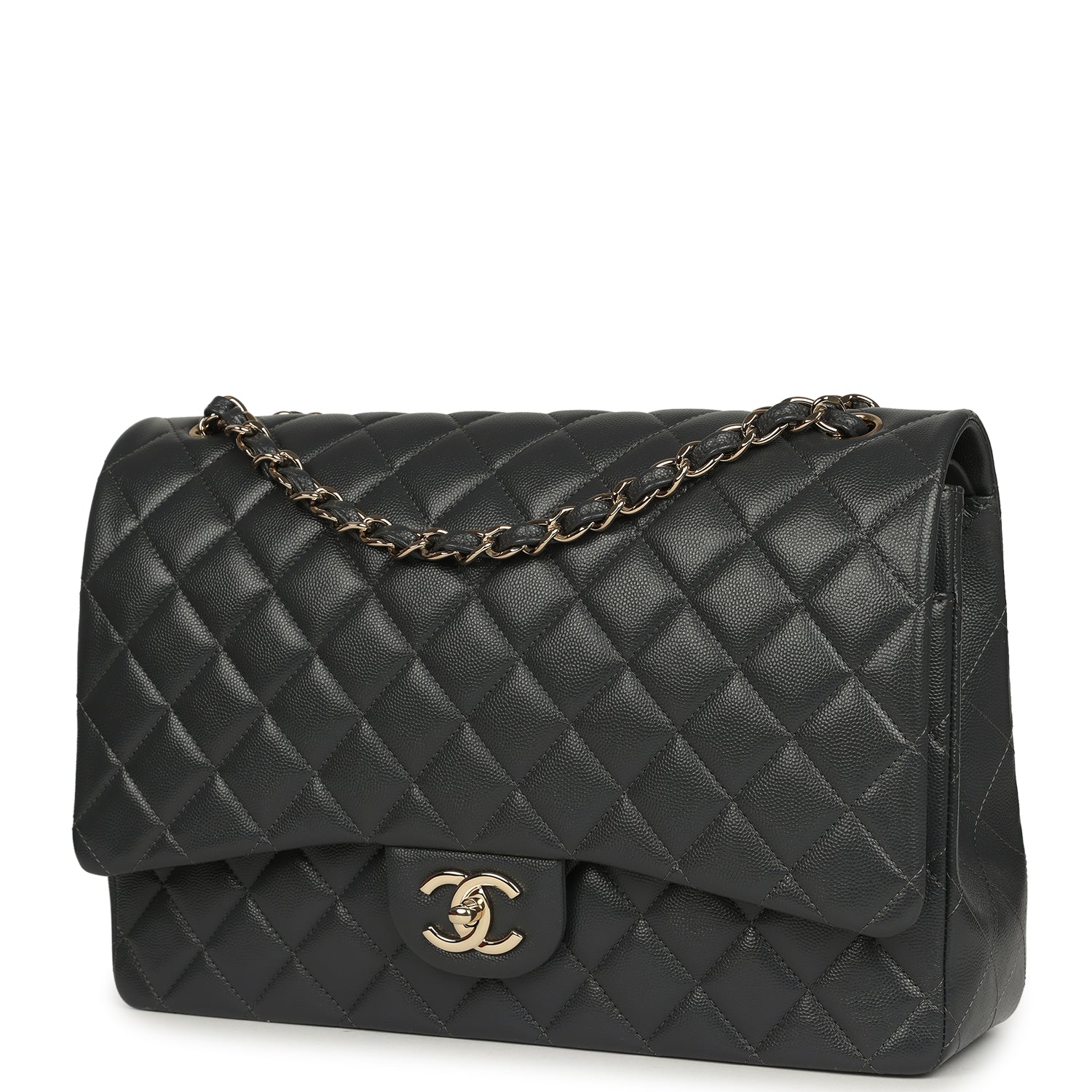 Chanel Maxi Classic Double Flap Bag Dark Grey Shiny Caviar Light Gold Hardware