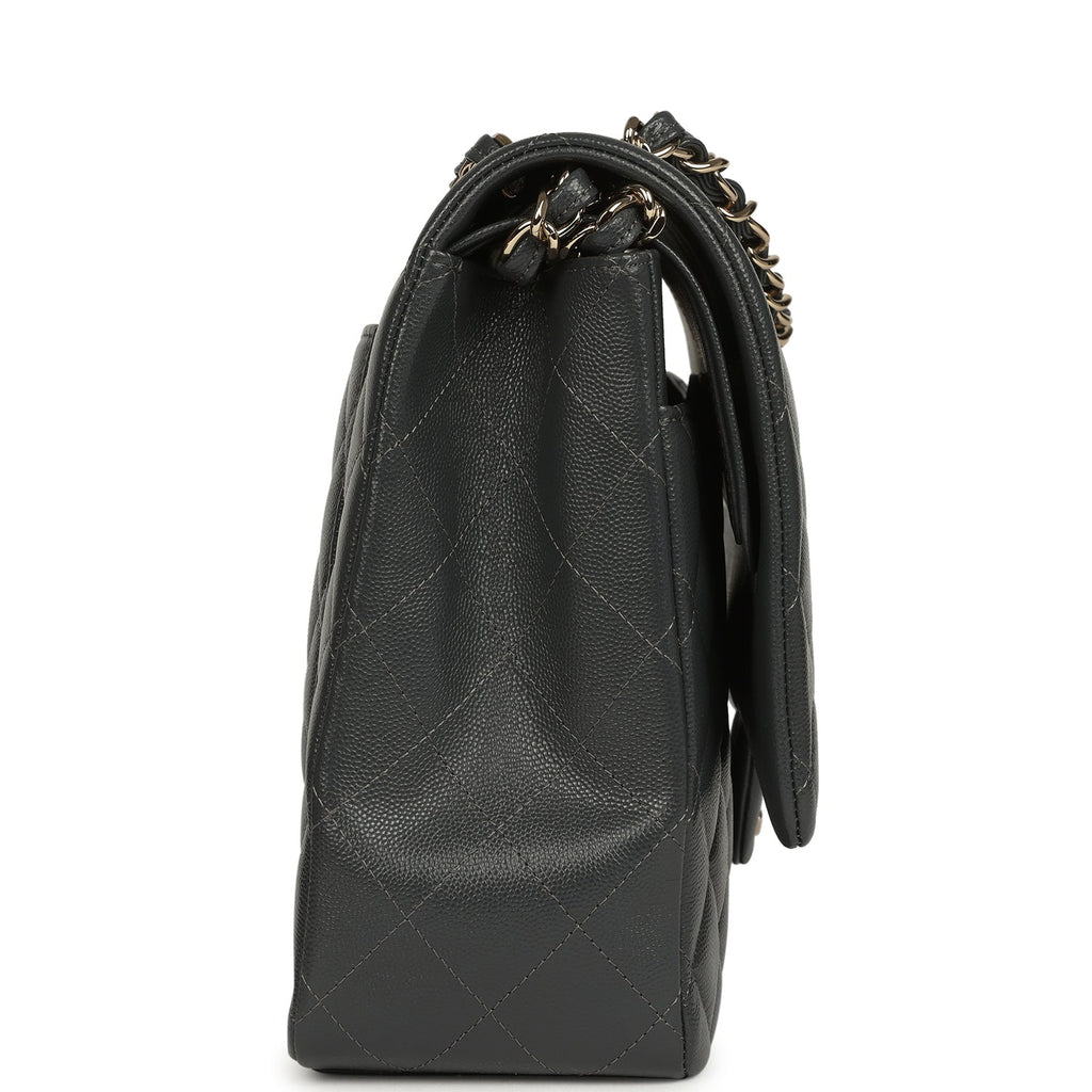 Chanel Maxi Classic Double Flap Bag Dark Grey Shiny Caviar Light Gold Hardware