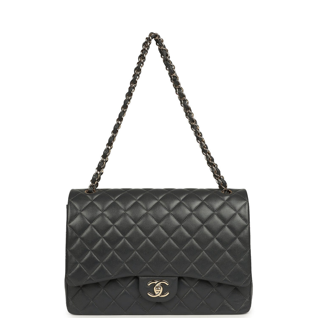 Chanel Maxi Classic Double Flap Bag Dark Grey Shiny Caviar Light Gold Hardware