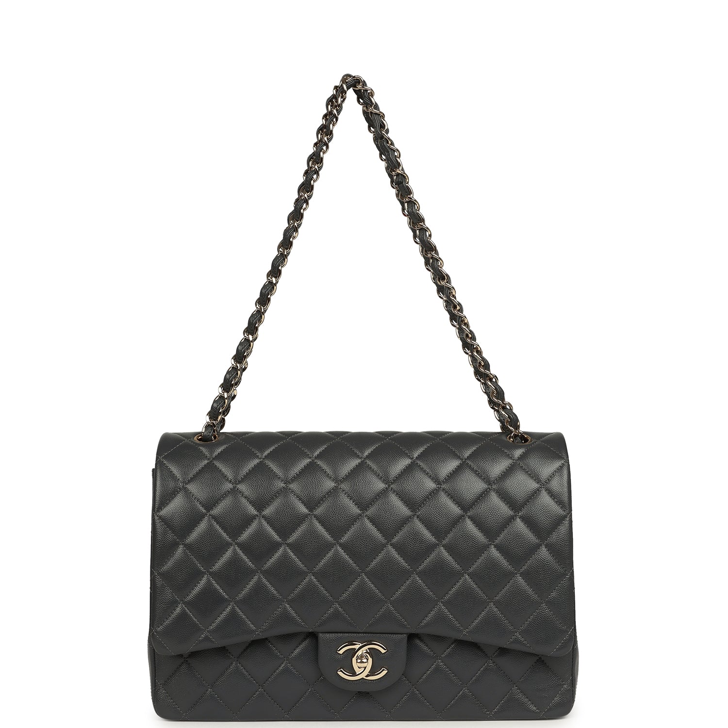 Chanel Maxi Classic Double Flap Bag Dark Grey Shiny Caviar Light Gold Hardware