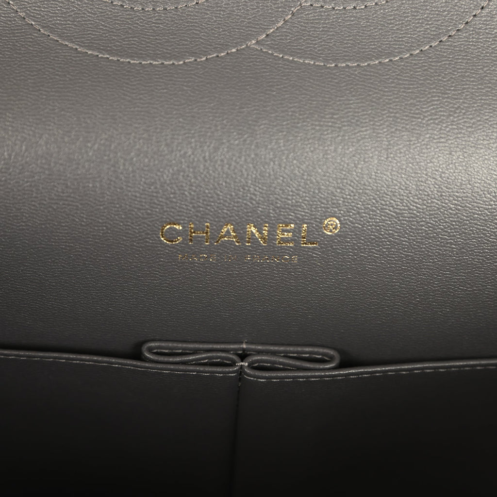 Chanel Maxi Classic Double Flap Bag Dark Grey Shiny Caviar Light Gold Hardware