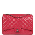Chanel Maxi Classic Double Flap Bag Dark Pink Patent Silver Hardware