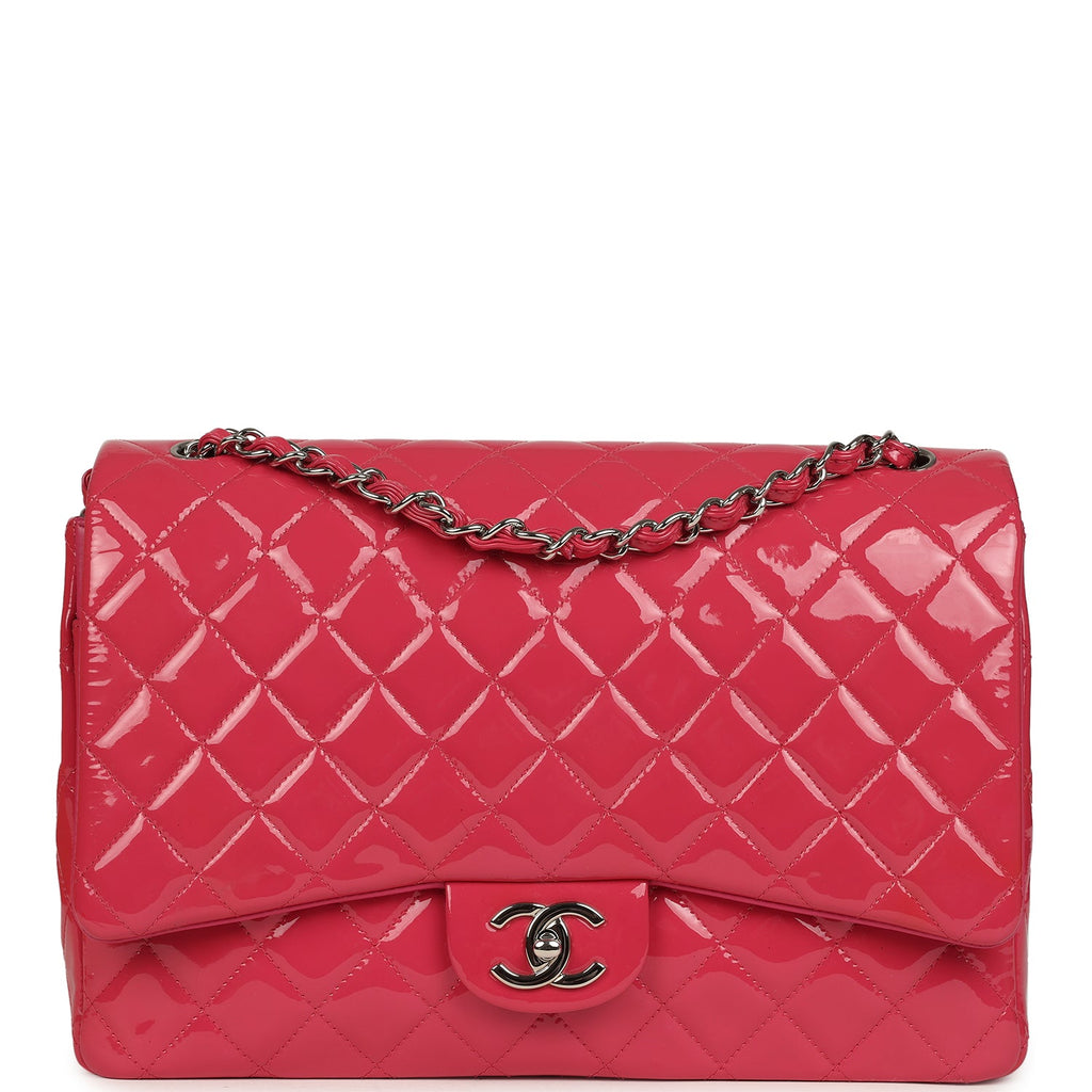 Chanel Maxi Classic Double Flap Bag Dark Pink Patent Silver Hardware