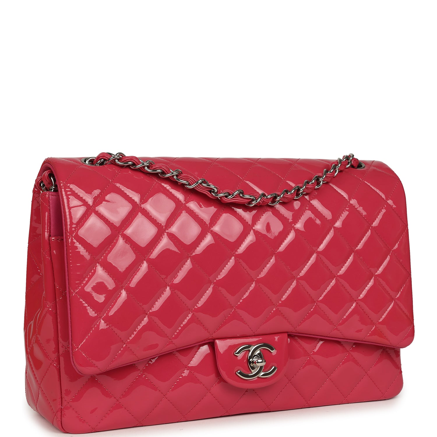 Chanel Maxi Classic Double Flap Bag Dark Pink Patent Silver Hardware