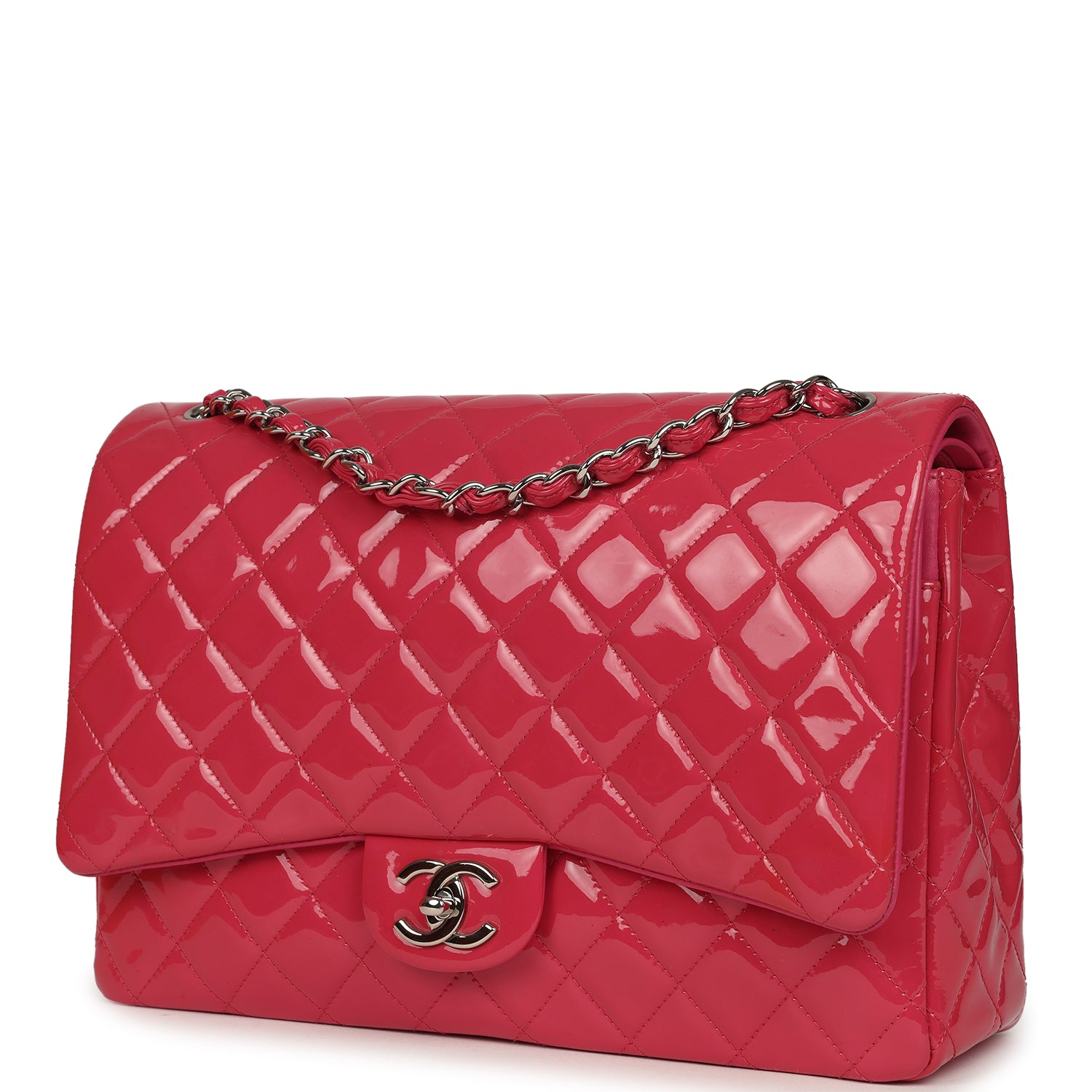 Chanel Maxi Classic Double Flap Bag Dark Pink Patent Silver Hardware