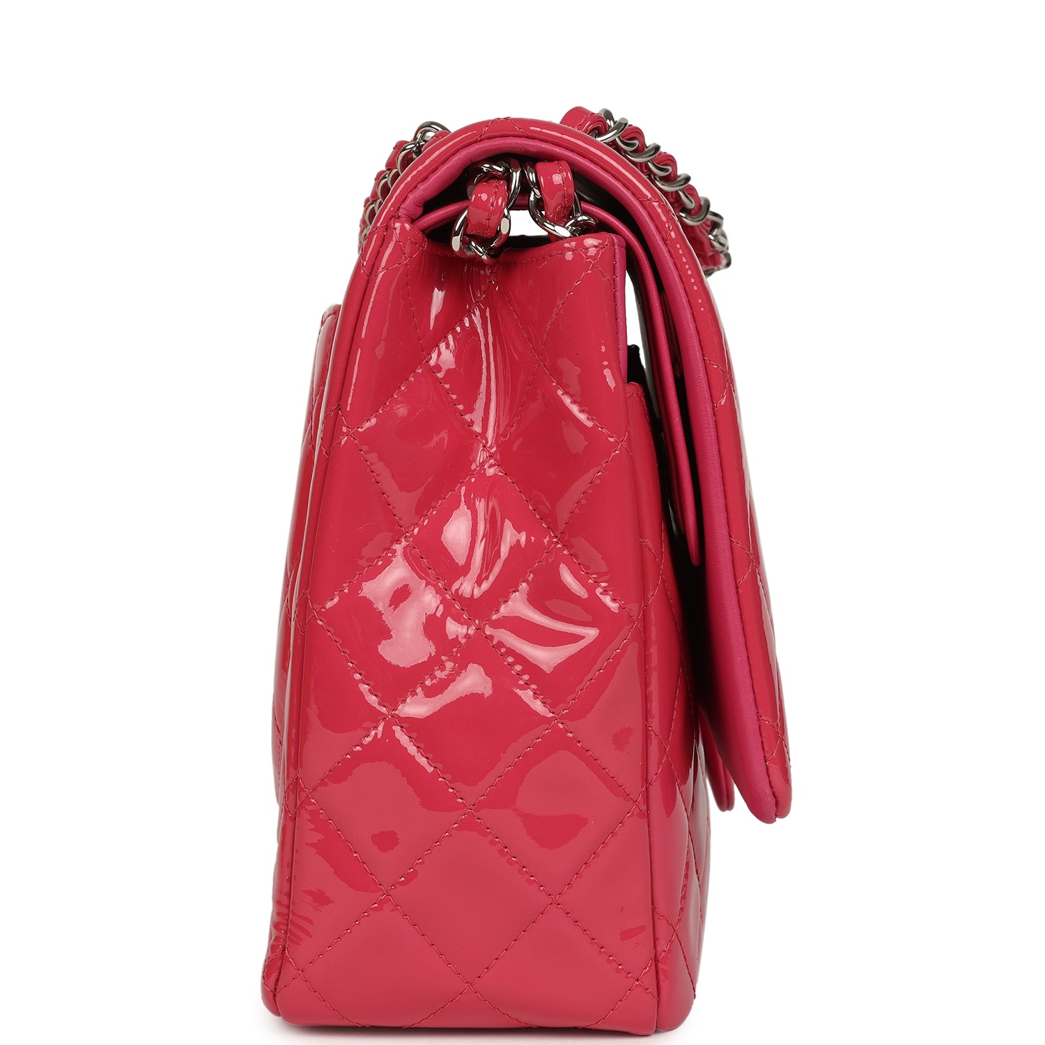 Chanel Maxi Classic Double Flap Bag Dark Pink Patent Silver Hardware