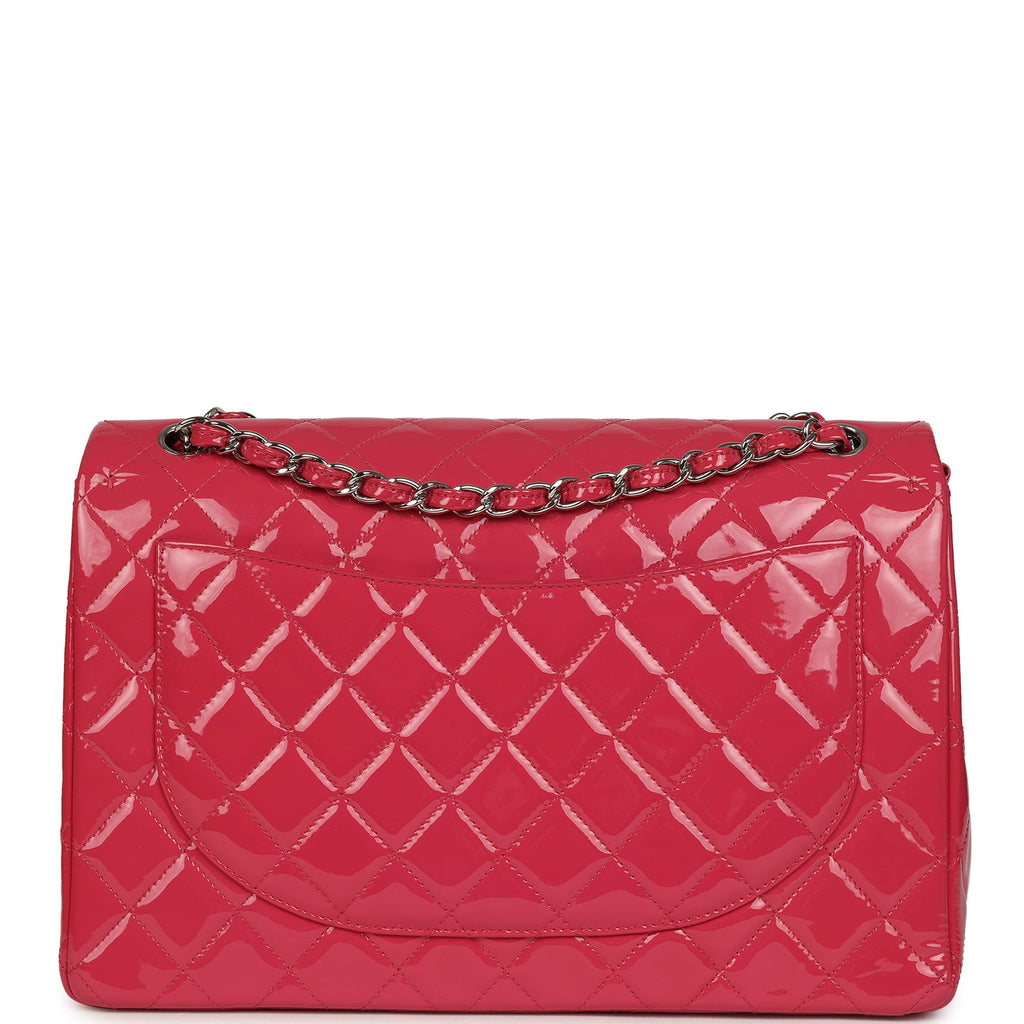 Chanel Maxi Classic Double Flap Bag Dark Pink Patent Silver Hardware