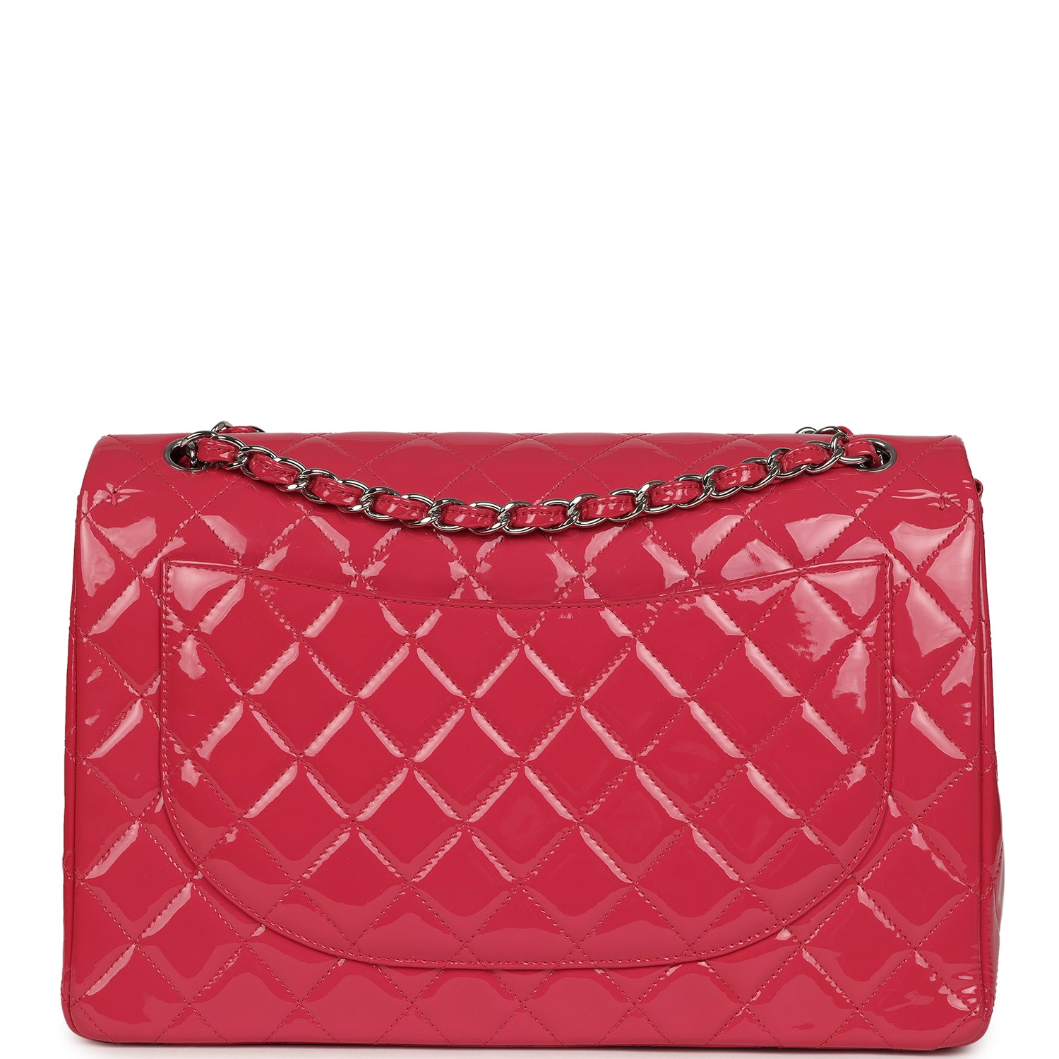 Chanel Maxi Classic Double Flap Bag Dark Pink Patent Silver Hardware