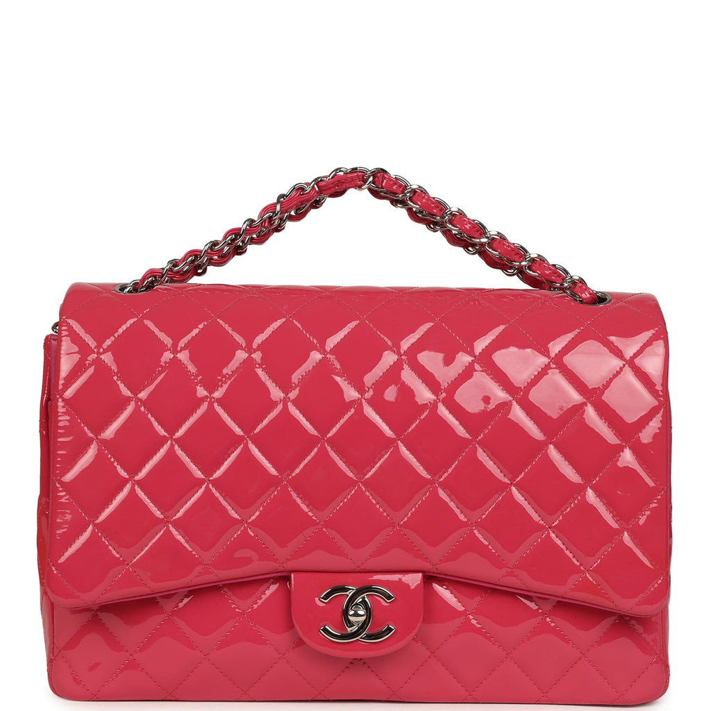 Chanel Maxi Classic Double Flap Bag Dark Pink Patent Silver Hardware