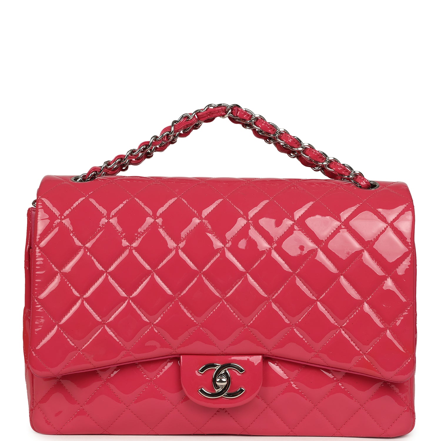 Chanel Maxi Classic Double Flap Bag Dark Pink Patent Silver Hardware