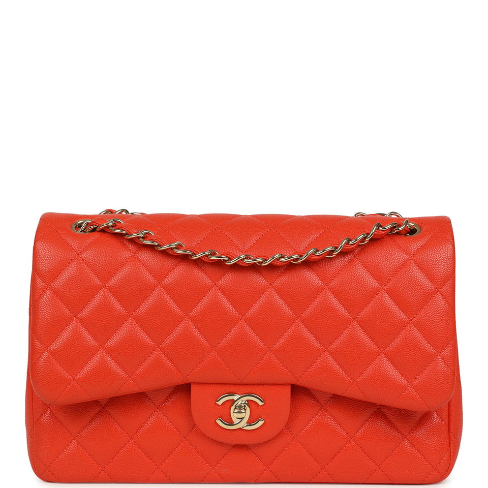 Chanel Jumbo Classic Double Flap Bag Dark Orange Shiny Caviar Light Gold Hardware