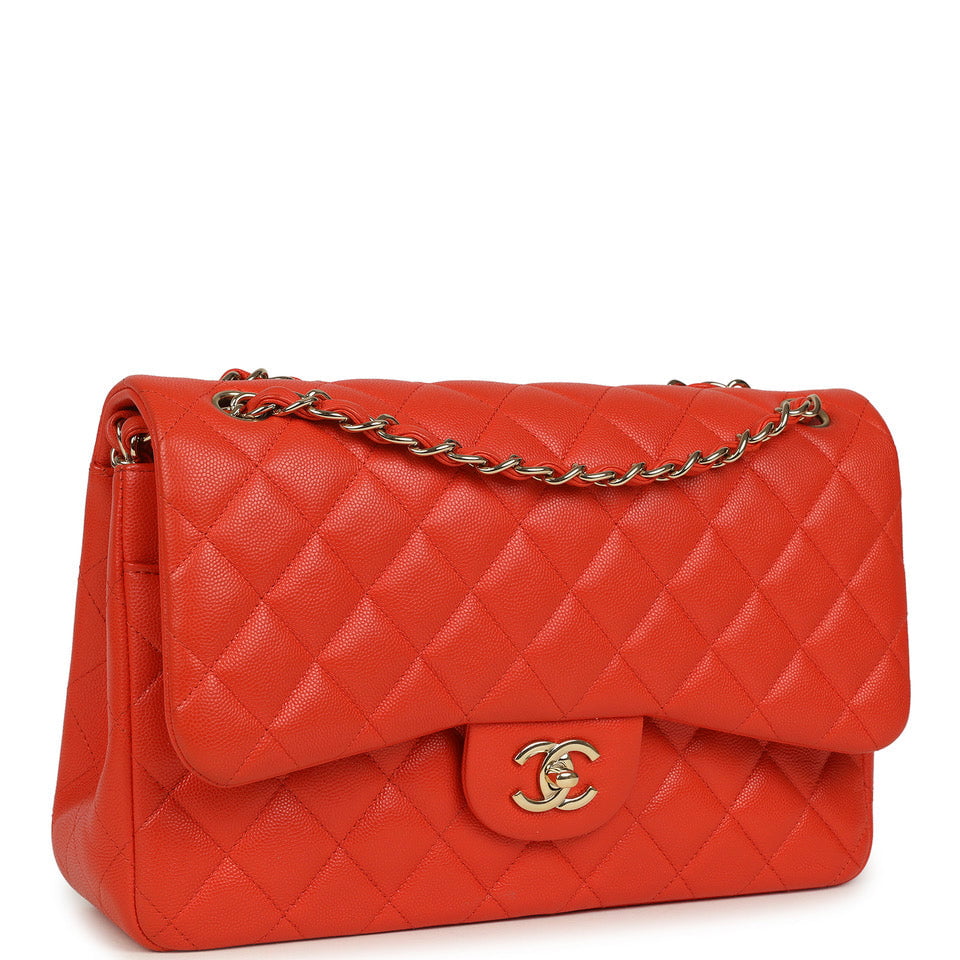 Chanel Jumbo Classic Double Flap Bag Dark Orange Shiny Caviar Light Gold Hardware