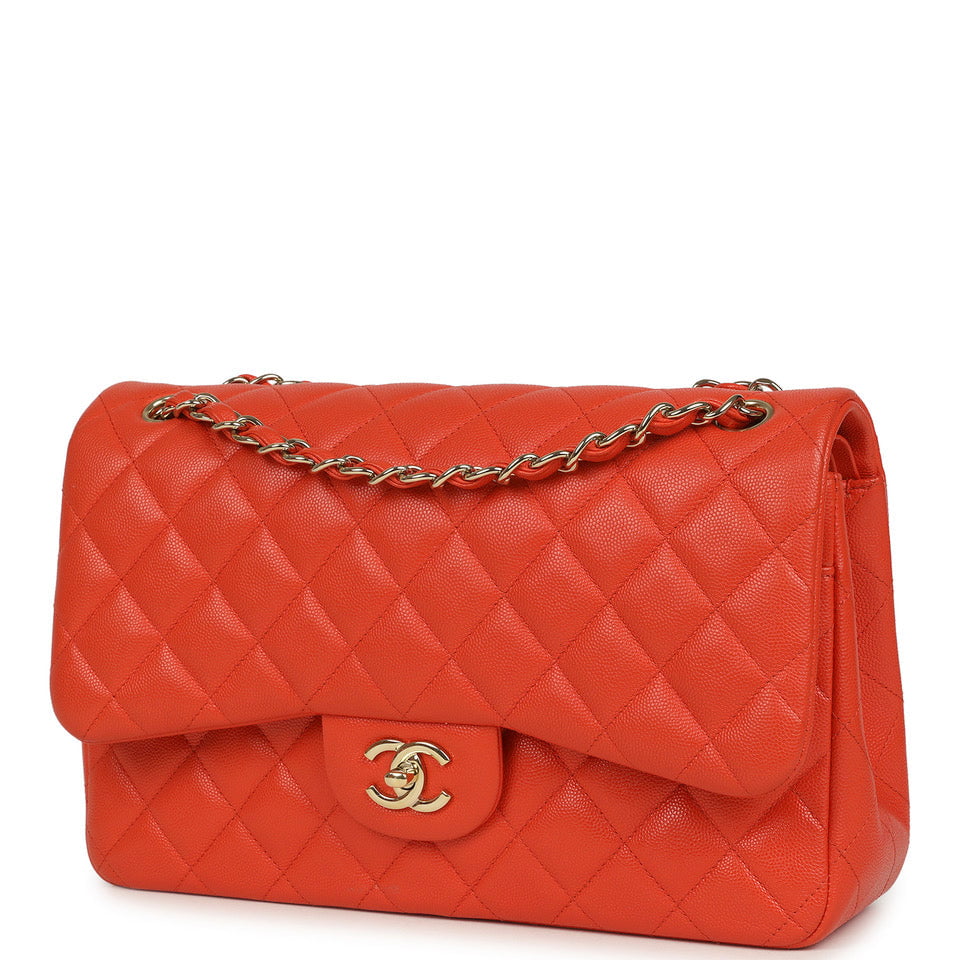 Chanel Jumbo Classic Double Flap Bag Dark Orange Shiny Caviar Light Gold Hardware