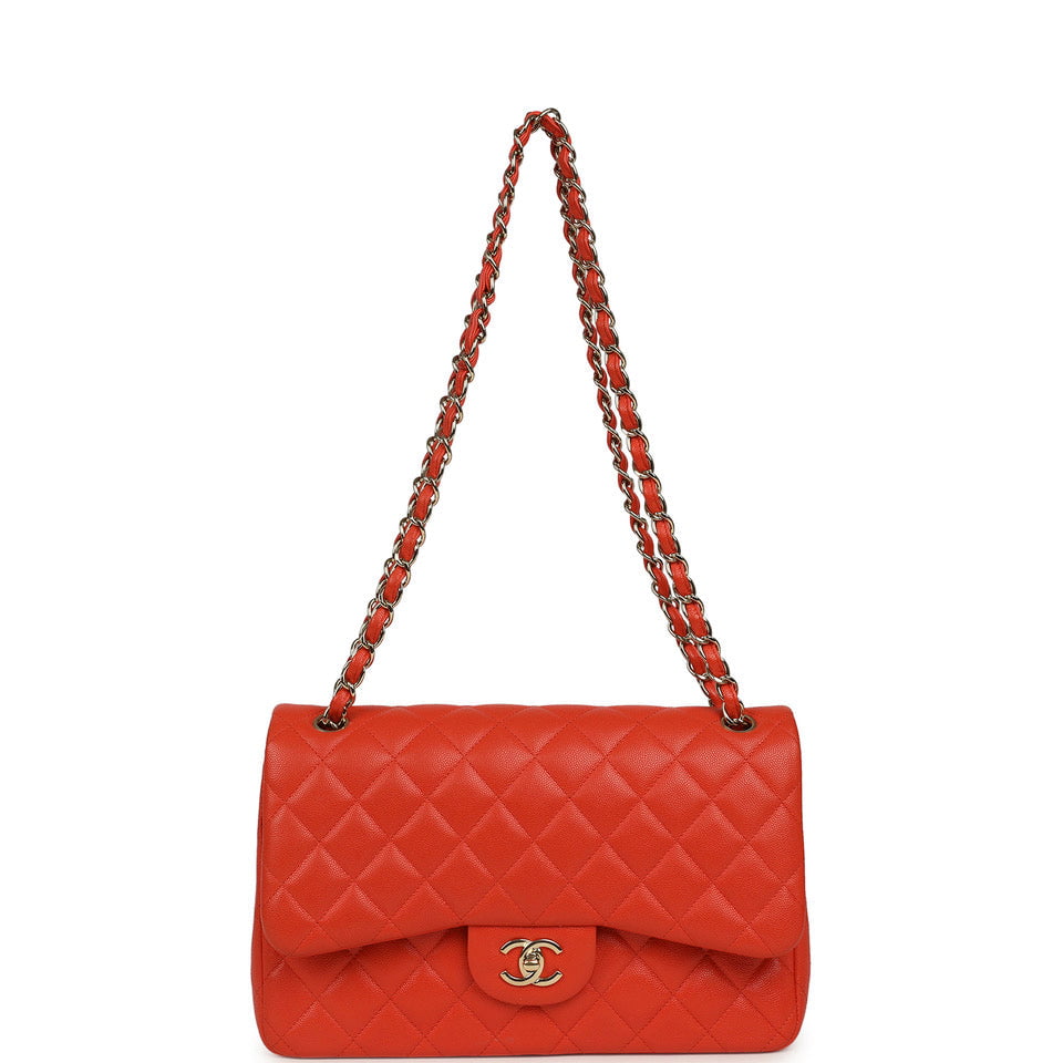 Chanel Jumbo Classic Double Flap Bag Dark Orange Shiny Caviar Light Gold Hardware