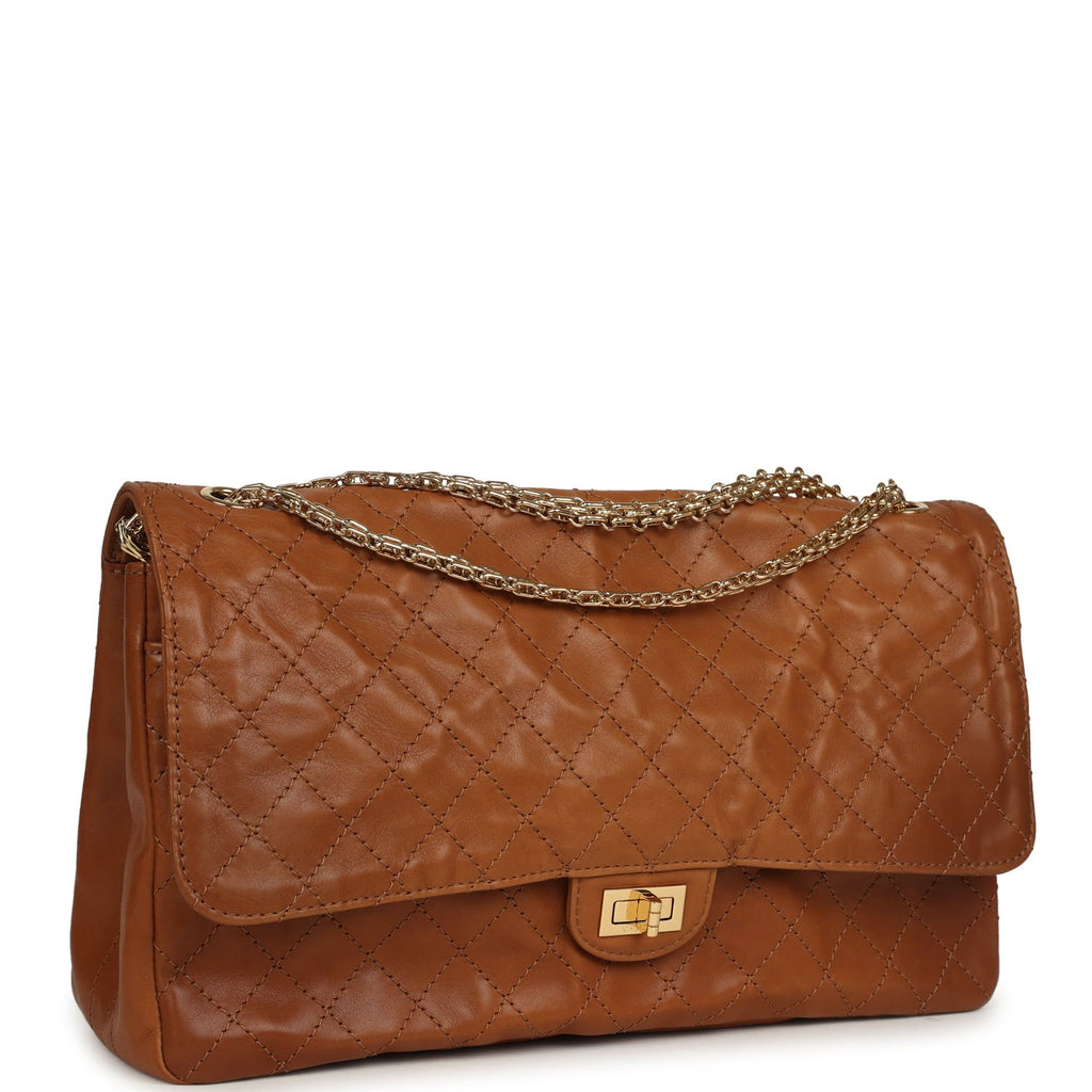 Chanel Maxi "Crush" Reissue 225 2.55 Double Flap Bag Camel Patinated Calfskin Gold Hardware